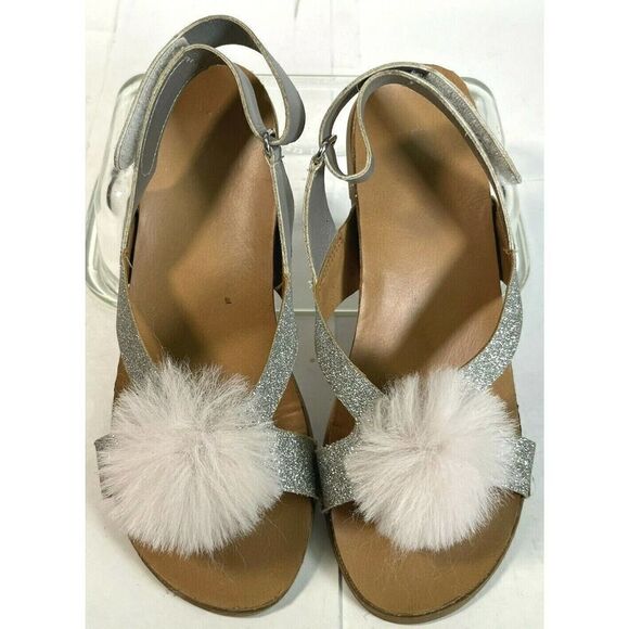 UGG Girls Pink Faux Fur Pom Pom Sandals Size 5 Fonda Glitter Pink Silver - Picture 8 of 12